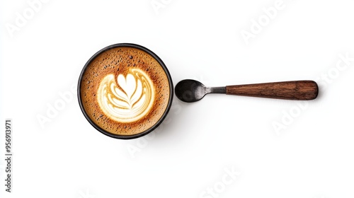 A beautifully crafted latte with a heart design, served in a black cup with a wooden spoon, perfect for cafe aesthetics. photo