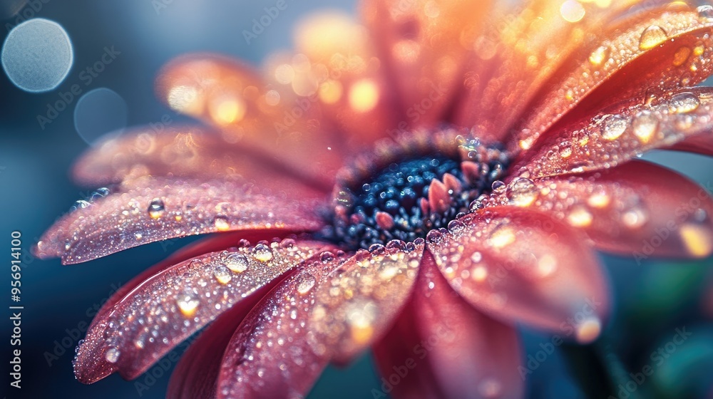 High-resolution shot of a vibrant flower with multiple water droplets scattered across its petals, creating a sparkling effect against a soft background High-resolution shot of a vibrant flower with multiple water droplets scattered across its petals, creating a sparkling effect against a soft background