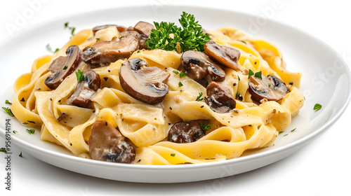 Food Photography, italianPasta with champignons and sauce, isolated on white background photo