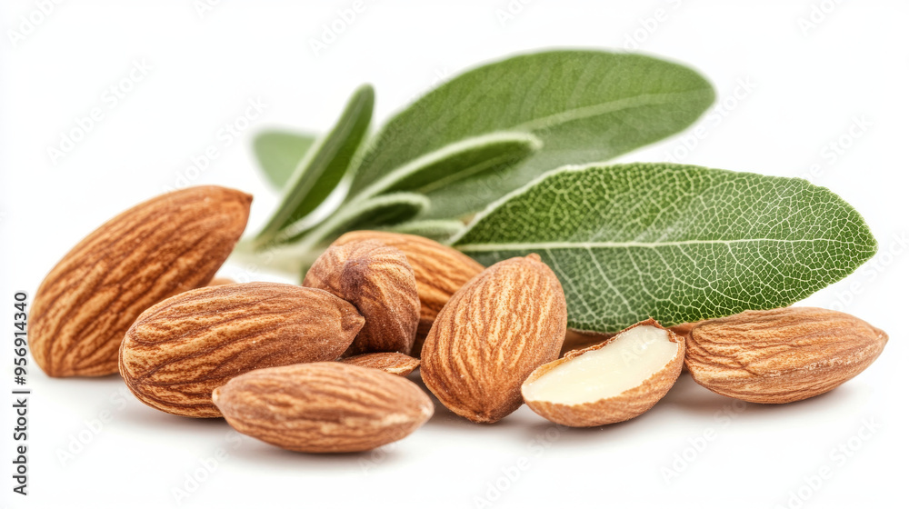 Detailed view of almonds with leaves, isolated on a white background. Detailed view of almonds with leaves, isolated on a white background.