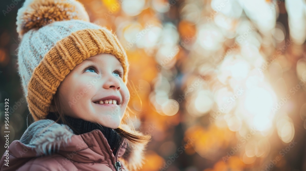 A young girl in a beanie and warm coat gleams with joy, surrounded by the golden hues of autumn foliage lit by the gentle sunlight. A young girl in a beanie and warm coat gleams with joy, surrounded by the golden hues of autumn foliage lit by the gentle sunlight.