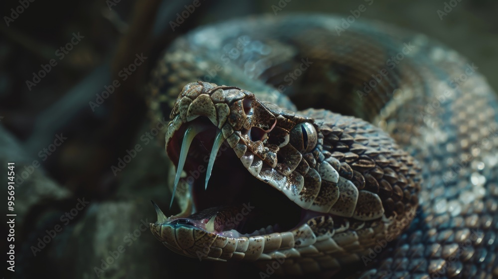 An intricately patterned snake, coiled and ready to strike, bares its fangs in a menacing display, capturing the primal essence of natural predatory instinct. An intricately patterned snake, coiled and ready to strike, bares its fangs in a menacing display, capturing the primal essence of natural predatory instinct.