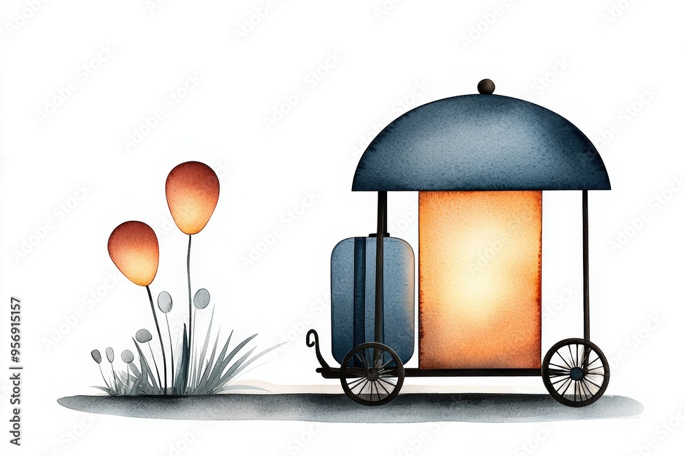 A charming illustrated cart with a lantern, surrounded by whimsical flowers, evoking a cozy, serene atmosphere. A charming illustrated cart with a lantern, surrounded by whimsical flowers, evoking a cozy, serene atmosphere.