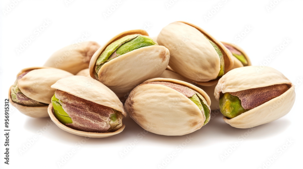 Close-up of tasty pistachios, isolated against a white background. Close-up of tasty pistachios, isolated against a white background.