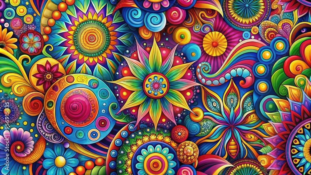 psychedelic wall paper with details of vibrant colors, secondary of abstraction, mood/style of imaginative, technical of geometric patterns, color of bright and bold, concept of new dimensions