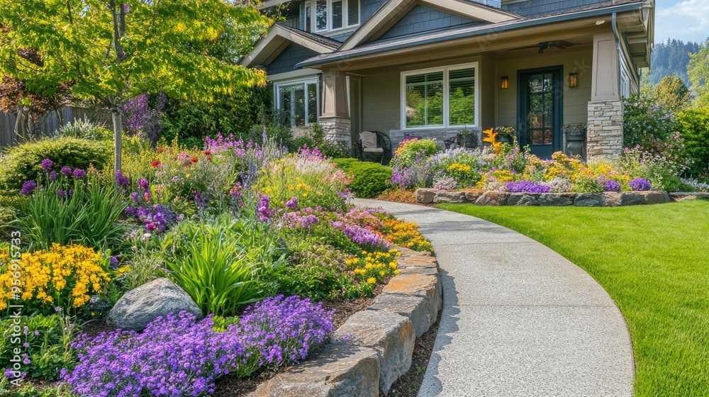 House facade featuring a colorful garden and a well-designed concrete walkway, creating an inviting and picturesque front yard. House facade featuring a colorful garden and a well-designed concrete walkway, creating an inviting and picturesque front yard.