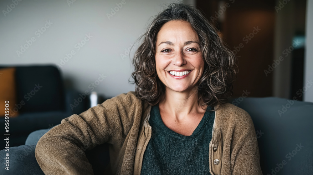 Smiling woman with curly hair sitting on a sofa indoors, wearing a casual cardigan and sweater in a cozy home setting. Smiling woman with curly hair sitting on a sofa indoors, wearing a casual cardigan and sweater in a cozy home setting.