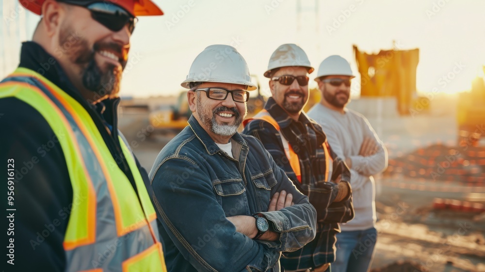 Obraz premium Four construction workers with hard hats and safety vests stand proudly at a construction site, smiling confidently under the warm glow of the setting sun.