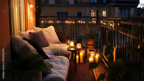 Fototapeta Naklejka Na Ścianę i Meble -  A small balcony with smart outdoor lighting and compact furniture, creating a cozy, functional outdoor space 