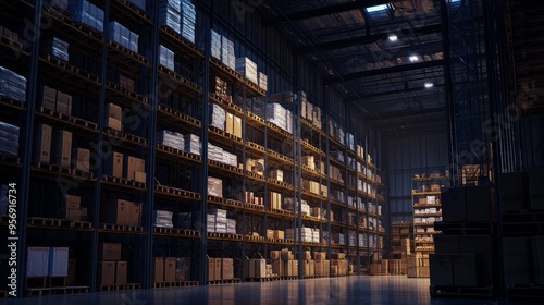 Warehouse with many items. Shelves with boxes. Logistics management. Order fulfillment, space planning. Advertising, marketing, or presentation illustrations.