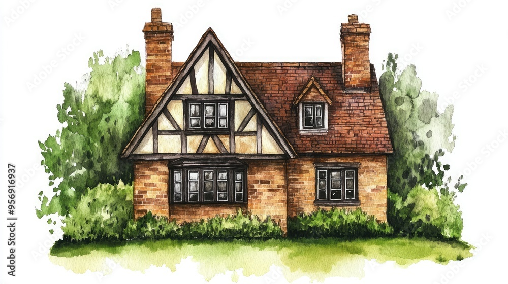 Idyllic English house on a green lawn, hand-drawn in watercolor and isolated on white.