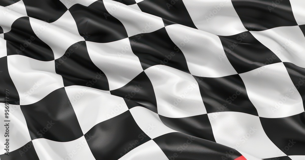 Obraz premium black and white checkered flag cloth fabric flow ripple close up shot win