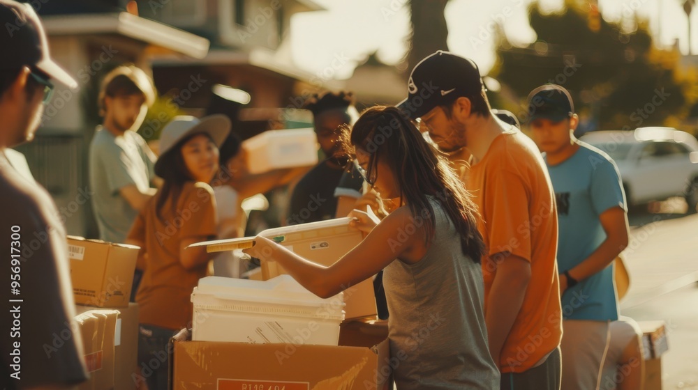People of varying ages sort through boxes and items on a sunny street, participating in a community event. People of varying ages sort through boxes and items on a sunny street, participating in a community event.