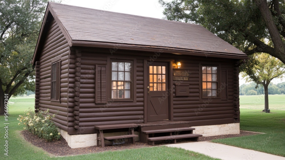 The small wooden cabin features an open door, two benches on the front porch, and is surrounded by vibrant greenery at Chill Plain Lake park, inviting visitors to relax The small wooden cabin features an open door, two benches on the front porch, and is surrounded by vibrant greenery at Chill Plain Lake park, inviting visitors to relax