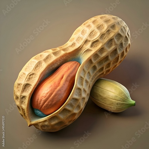 A close up of a peanut in its shell. revealing the delicious nut inside. photo