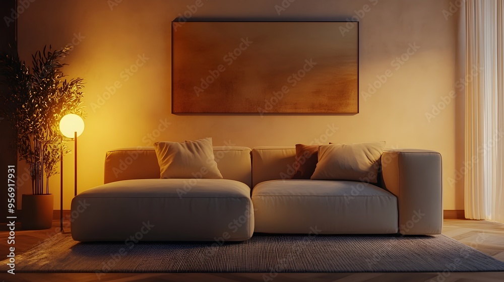 A peaceful and inviting modern living room with a comfortable sofa clean minimalist decor and soft atmospheric lighting creating a tranquil and elegant ambiance