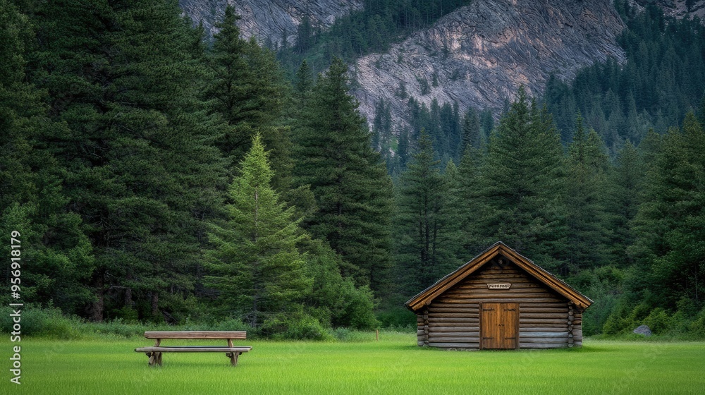 The small wooden cabin features an open door, two benches on the front porch, and is surrounded by vibrant greenery at Chill Plain Lake park, inviting visitors to relax The small wooden cabin features an open door, two benches on the front porch, and is surrounded by vibrant greenery at Chill Plain Lake park, inviting visitors to relax