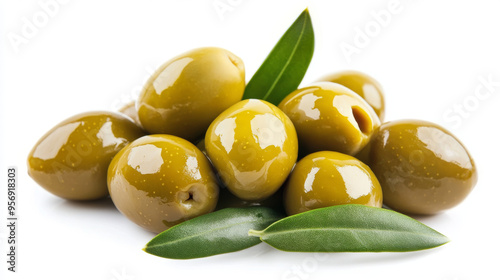 Delicious green olives with leaves, isolated against a white background.