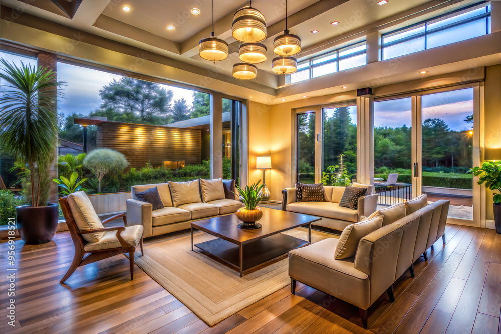 Interior of modern living room with green houseplants, sofas, coffee table and big panoramic windows Interior of modern living room with green houseplants, sofas, coffee table and big panoramic windows