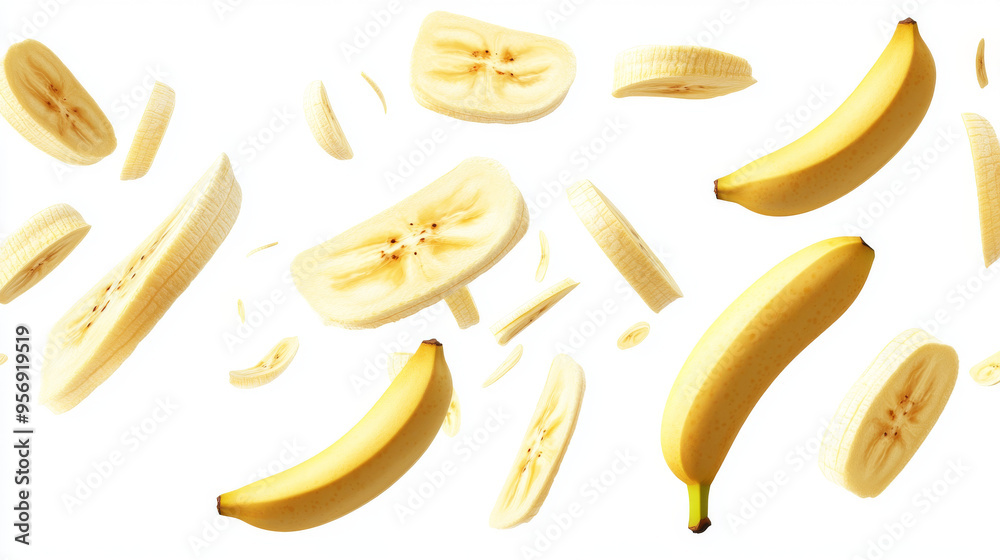Banana slices in mid-air, isolated on a white background. Banana slices in mid-air, isolated on a white background.