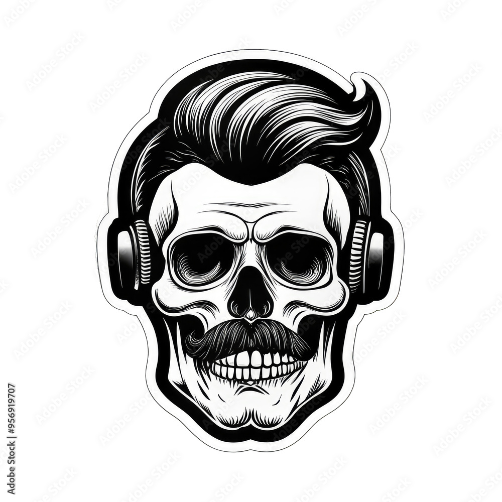 Obraz premium PNG. A strikingly detailed pop art sticker of a DJ skull adorned with a handlebar mustache and a stylish posh undercut haircut against a solid black background. Intricate Pop Art Sticker of DJ Skull