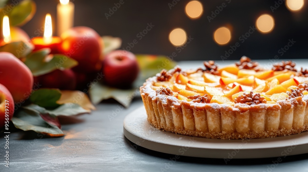 Delicious apple tart with nuts and fresh fruit on a wooden plate, surrounded by candles and apples, perfect for autumn celebrations. Delicious apple tart with nuts and fresh fruit on a wooden plate, surrounded by candles and apples, perfect for autumn celebrations.