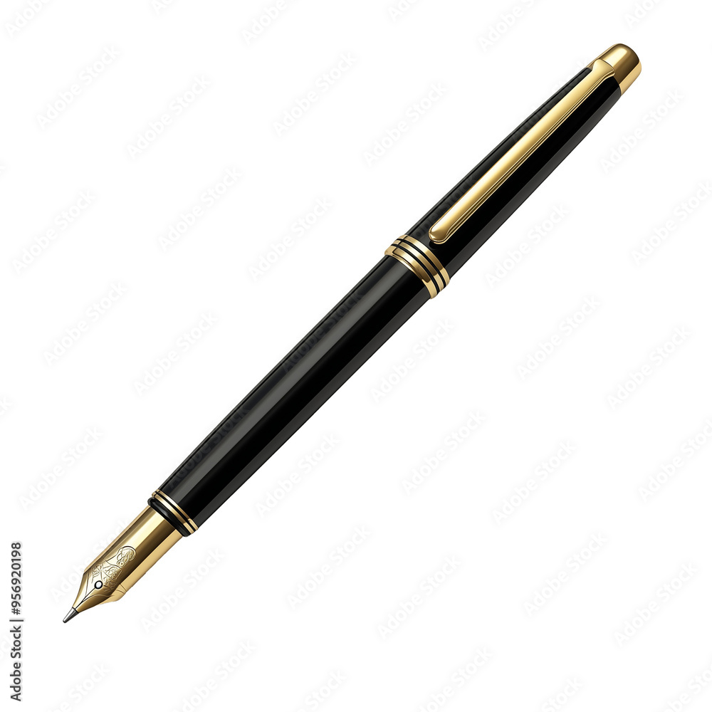 Elegant black and gold fountain pen resting on a wooden desk in a cozy office setting