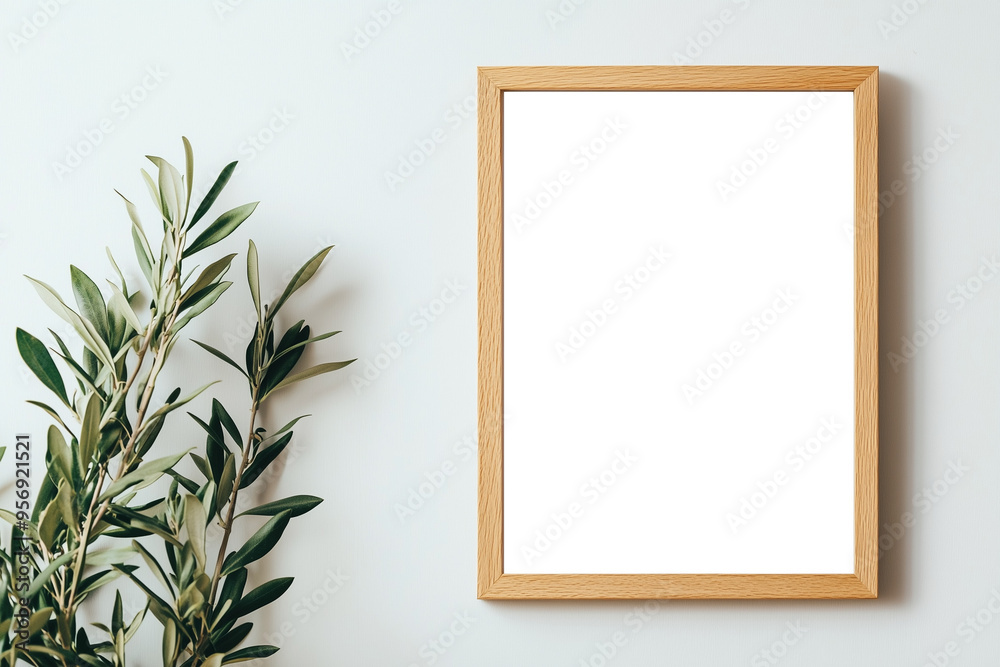 Simple wooden frame with a blank canvas and lush green leaves in a peaceful indoor setting Simple wooden frame with a blank canvas and lush green leaves in a peaceful indoor setting