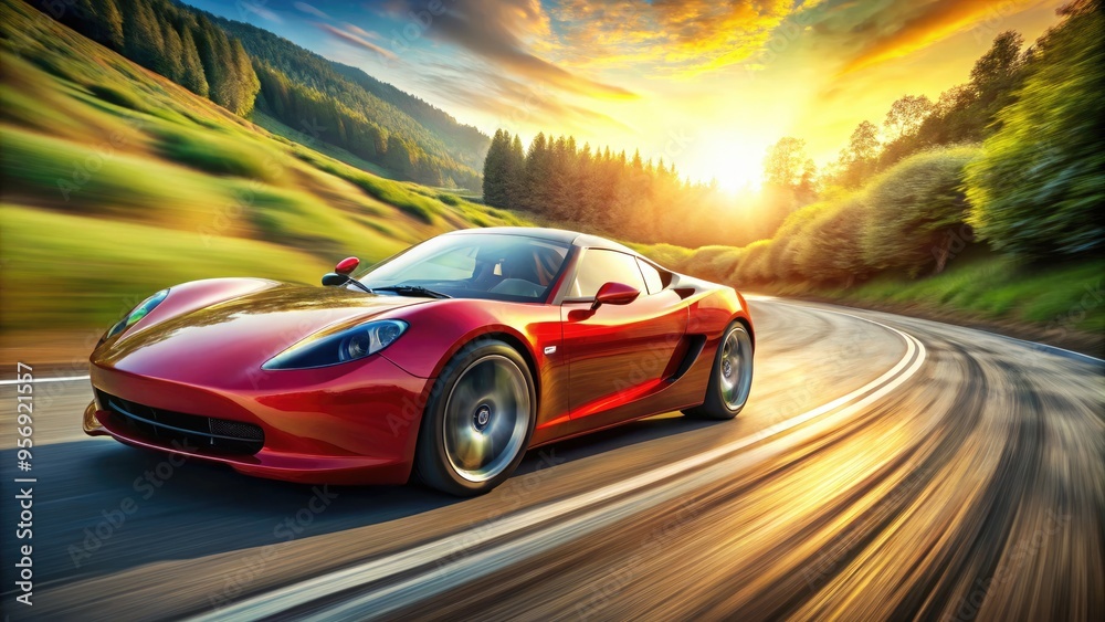 Electric sports car speeding down a winding road, leaving a trail of motion blur, conveying a sense of power, freedom, and exhilarating speed. Electric sports car speeding down a winding road, leaving a trail of motion blur, conveying a sense of power, freedom, and exhilarating speed.