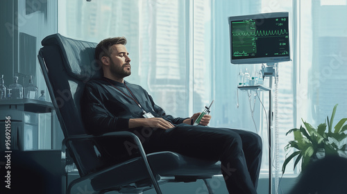 Man comfortably seated in a clinic chair, receiving an IV drip during a treatment session, depicted in a portrait