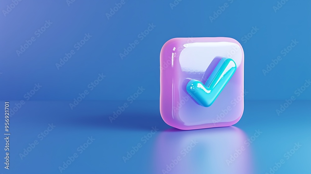 3D checkmark icon in a glossy square frame on a blue background, symbolizing approval, success, and completion in a modern, vibrant style. 3D checkmark icon in a glossy square frame on a blue background, symbolizing approval, success, and completion in a modern, vibrant style.
