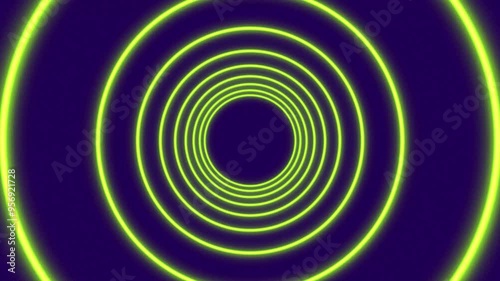 Endless Loop Abstract Sci-Fi Animation of Neon Streaks, Glowing Light Tubes, and Lasers in Dark Tunnel with Green Circles and Navy Blue Background
