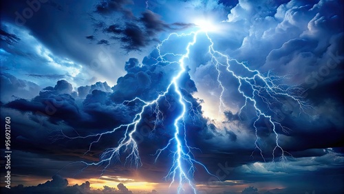 Electrifying lightning bolt strikes against a dark blue sky, surrounded by wispy clouds, symbolizing electrifying speed, power, and intense energy in a dramatic atmospheric display. photo