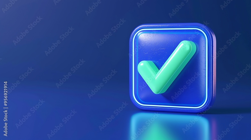 3D checkmark icon on a blue background. Symbolizes approval, agreement, or completion. Ideal for technology, success, or validation themes. 3D checkmark icon on a blue background. Symbolizes approval, agreement, or completion. Ideal for technology, success, or validation themes.
