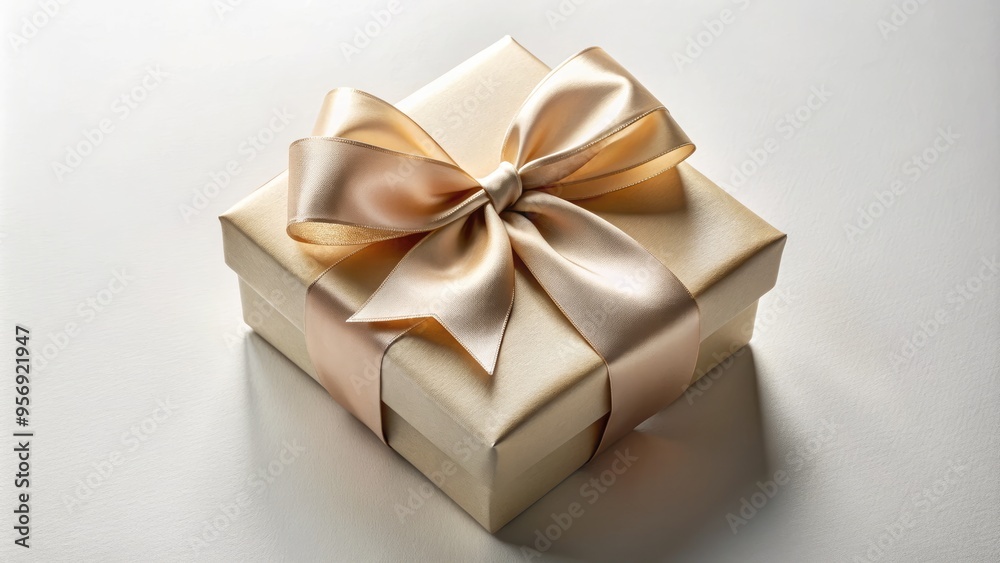 Elegant, perfectly wrapped gift box with a satin ribbon and a subtly textured lid, photographed from directly above, against a soft, creamy white background. Elegant, perfectly wrapped gift box with a satin ribbon and a subtly textured lid, photographed from directly above, against a soft, creamy white background.