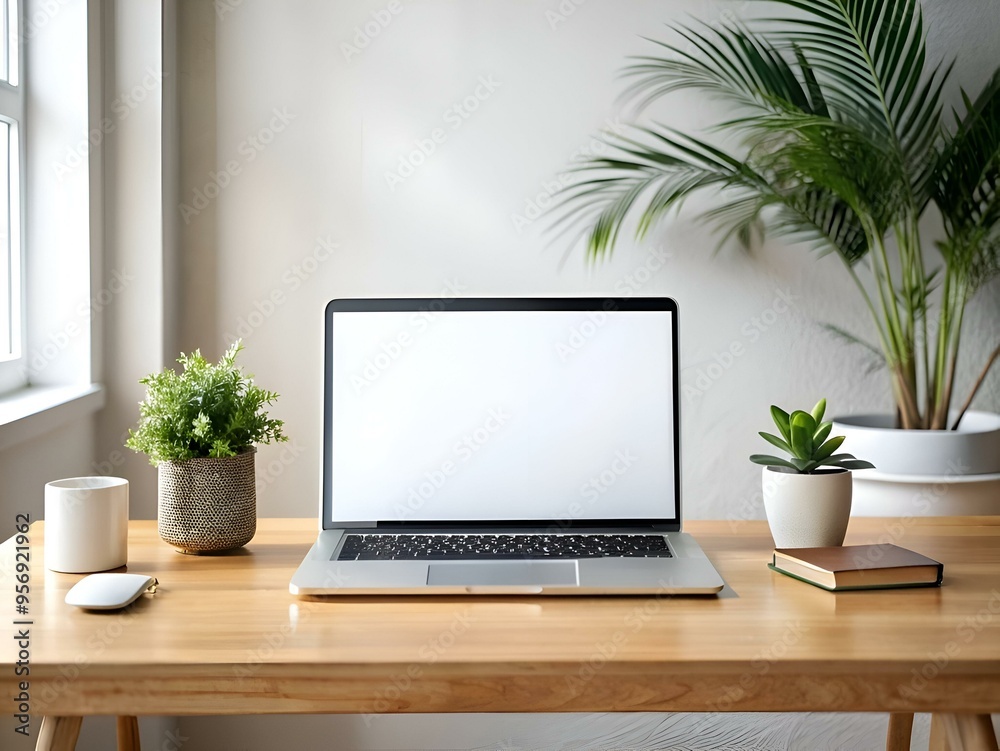 A clean and modern workspace with a laptop on a wooden desk. surrounded by plants and a cup of coffee. A clean and modern workspace with a laptop on a wooden desk. surrounded by plants and a cup of coffee.