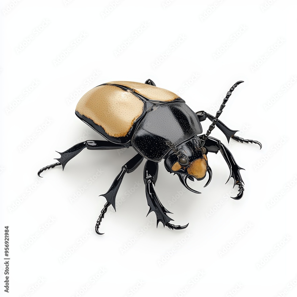 A detailed close-up of a black and gold beetle on a white background, showcasing its intricate features and vivid colors. A detailed close-up of a black and gold beetle on a white background, showcasing its intricate features and vivid colors.