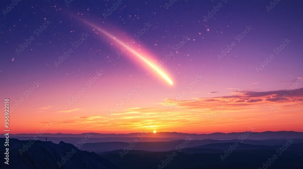 A Lone Figure Silhouetted Against a Dramatic Sunset Sky with a Comet Streaming Across the Horizon A Lone Figure Silhouetted Against a Dramatic Sunset Sky with a Comet Streaming Across the Horizon