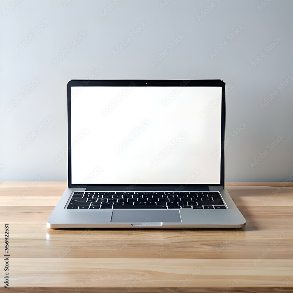 Clean and modern. this image showcases a laptop with a blank screen on a wooden desk. Clean and modern. this image showcases a laptop with a blank screen on a wooden desk.