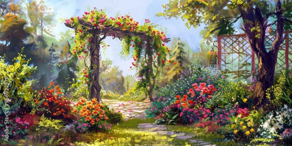 Green garden with a wooden trellis covered in climbing vines and colorful blossoms Green garden with a wooden trellis covered in climbing vines and colorful blossoms