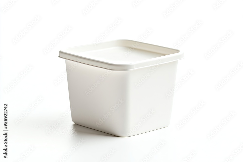 White plastic square yogurt pot isolated on a white background White plastic square yogurt pot isolated on a white background