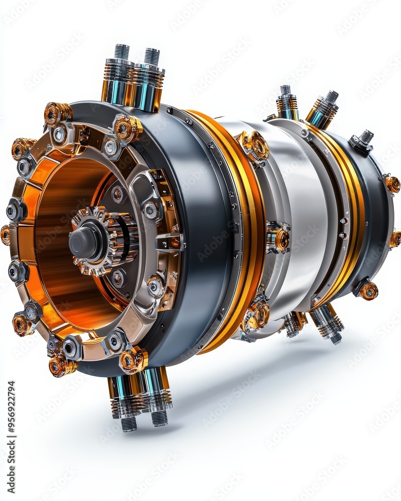 A detailed view of a futuristic engine showcasing sleek design and advanced engineering elements. A detailed view of a futuristic engine showcasing sleek design and advanced engineering elements.