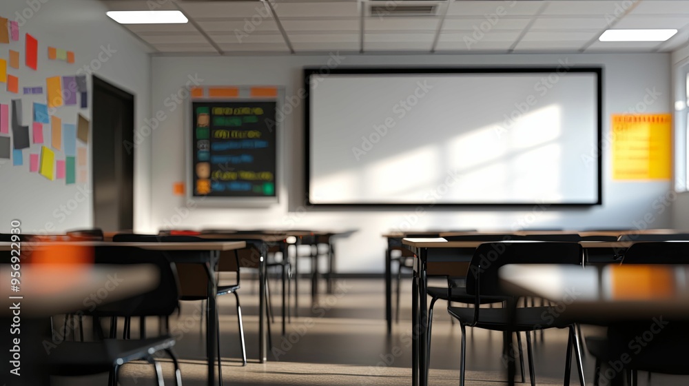 Empty Classroom with Desks and Chairs Facing a Whiteboard Empty Classroom with Desks and Chairs Facing a Whiteboard