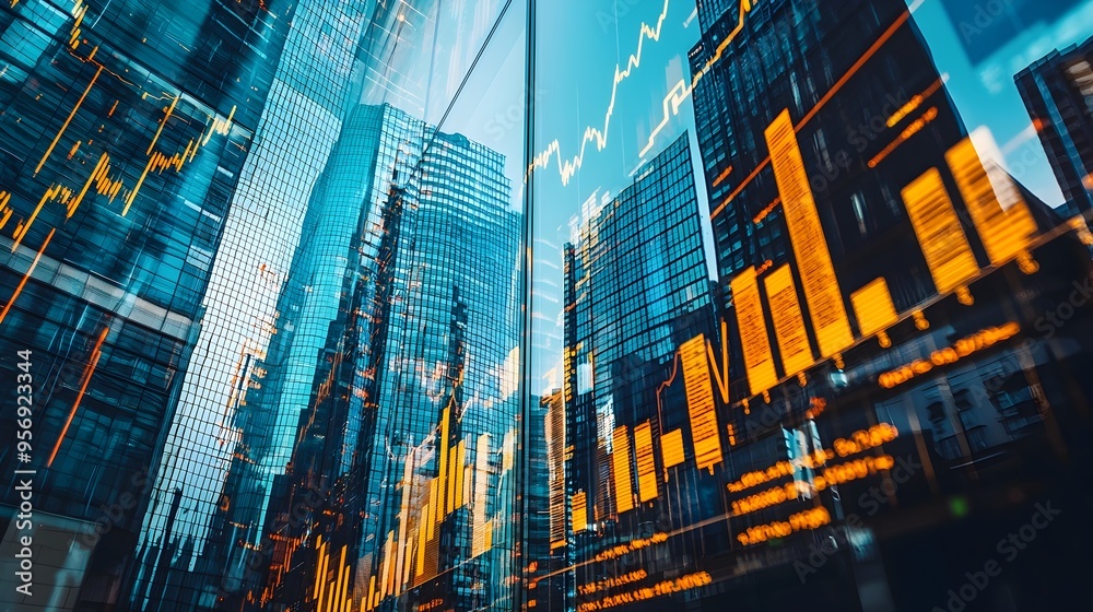 High-Rise Building Reflections with Abstract Financial Data Symbolizing Corporate Success High-Rise Building Reflections with Abstract Financial Data Symbolizing Corporate Success