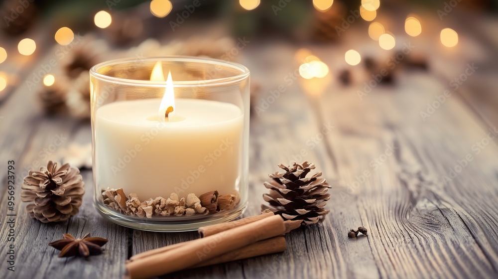 Candle surrounded by pine cones and cinnamon sticks Candle surrounded by pine cones and cinnamon sticks