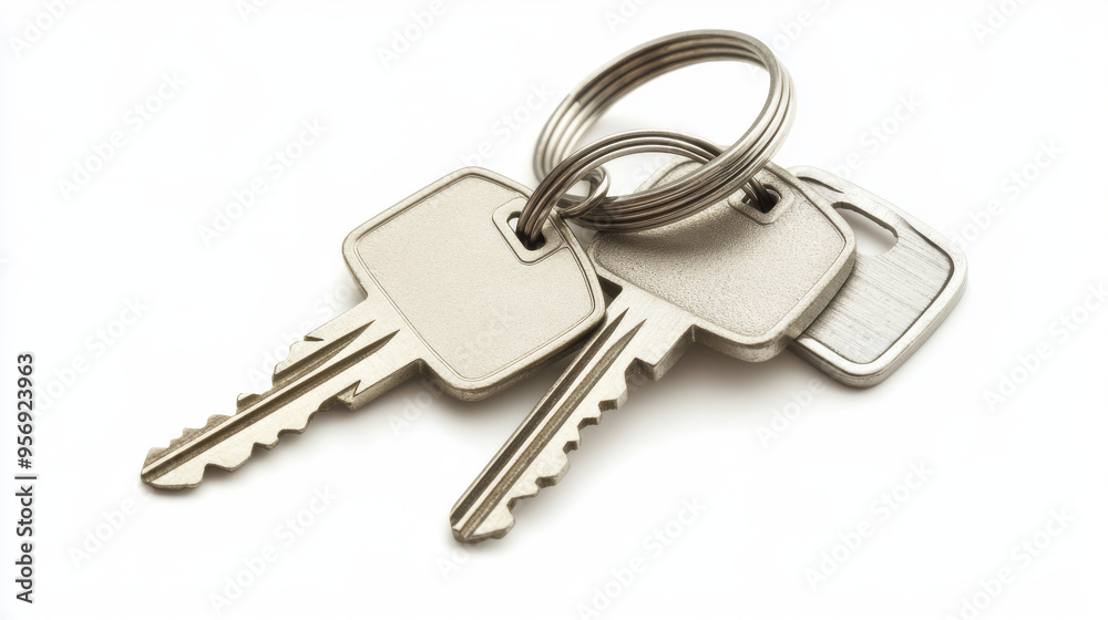 House keys attached to a house-shaped keychain, isolated on a white background. House keys attached to a house-shaped keychain, isolated on a white background.