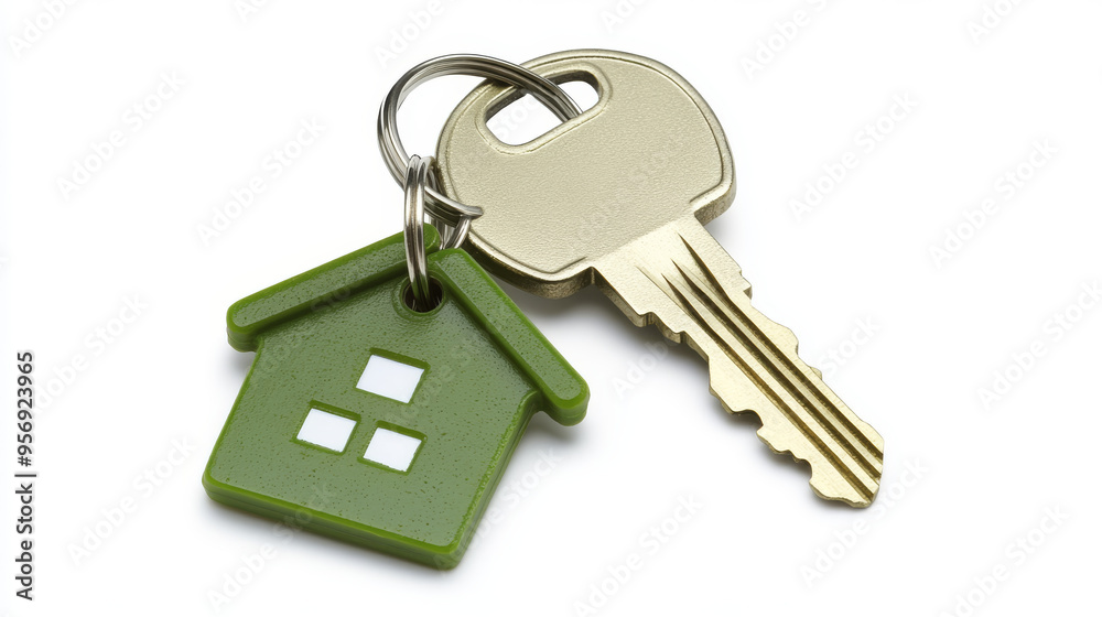 House keys attached to a house-shaped keychain, isolated on a white background. House keys attached to a house-shaped keychain, isolated on a white background.