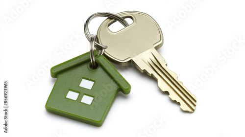 House keys attached to a house-shaped keychain, isolated on a white background.