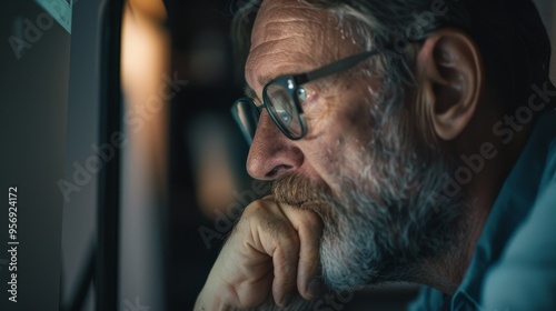 A contemplative man with glasses stares intently at a computer screen in a focused and absorbed manner.