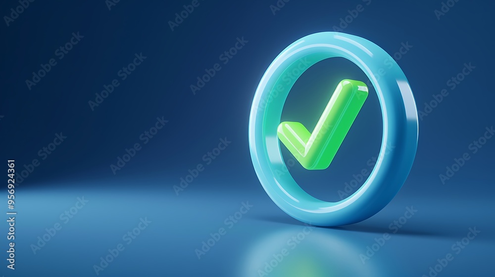3D green check mark in blue circular frame on dark blue background, representing approval, validation, or success in a modern style. 3D green check mark in blue circular frame on dark blue background, representing approval, validation, or success in a modern style.
